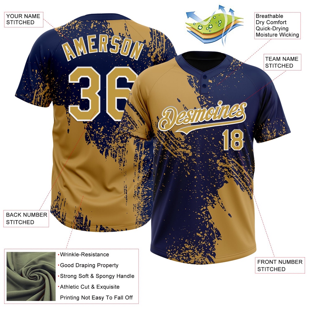 Old Gold Navy White 3D Pattern Abstract Brush Stroke Two Button Unisex Softball Jersey, Custom Team Softball Jersey