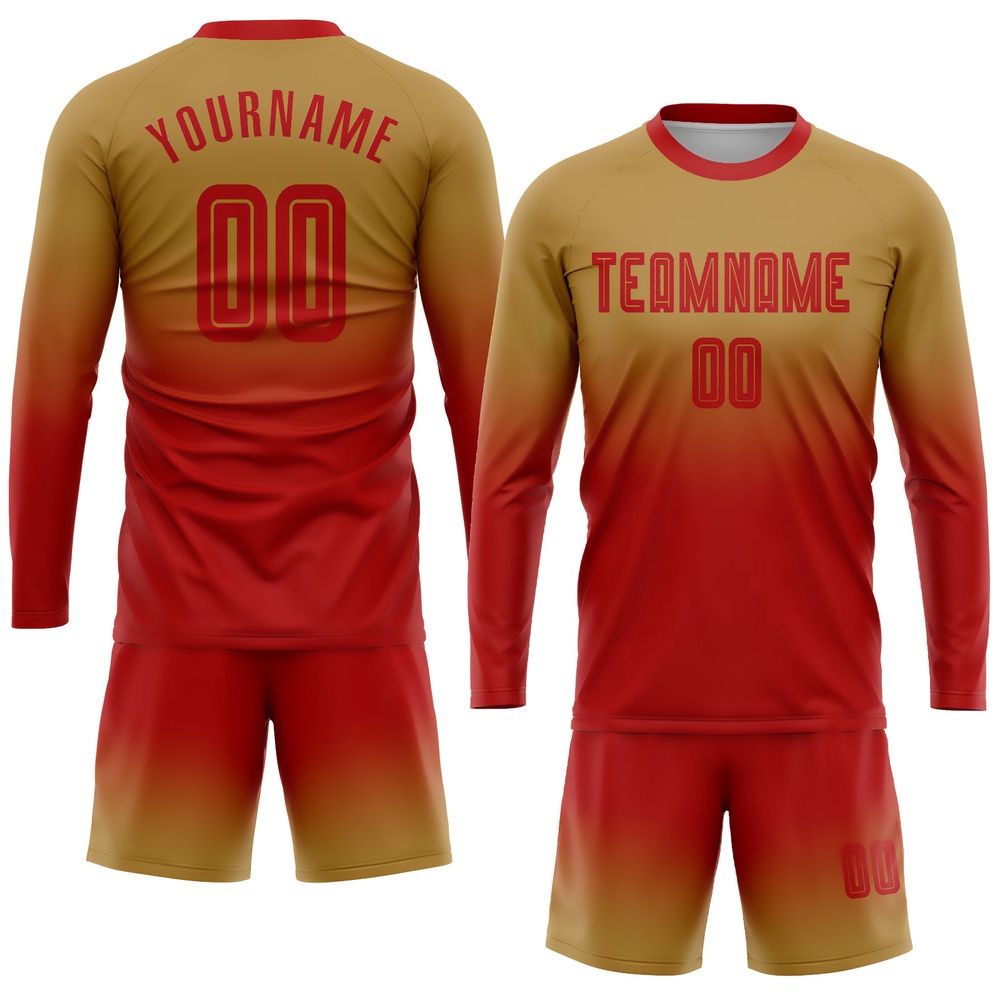 Old Gold Red Sublimation Long Sleeve Fade Fashion Soccer Uniform Jersey, Custom Team Soccer Jersey Shirt Old Gold Red Sublimation Long Sleeve Fade Fashion Soccer Uniform Jersey, Custom Team Soccer Jersey Shirt