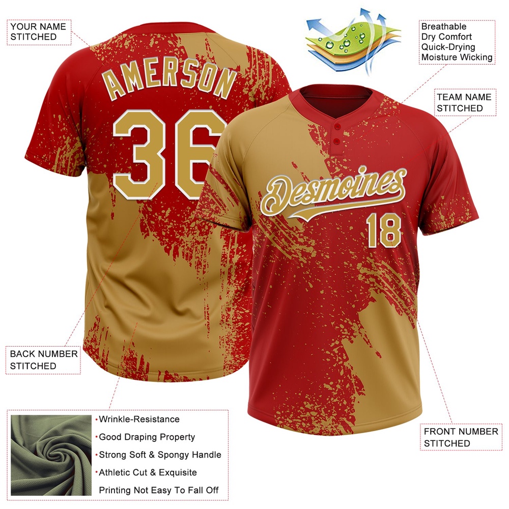 Old Gold Red White 3D Pattern Abstract Brush Stroke Two Button Unisex Softball Jersey, Custom Team Softball Jersey