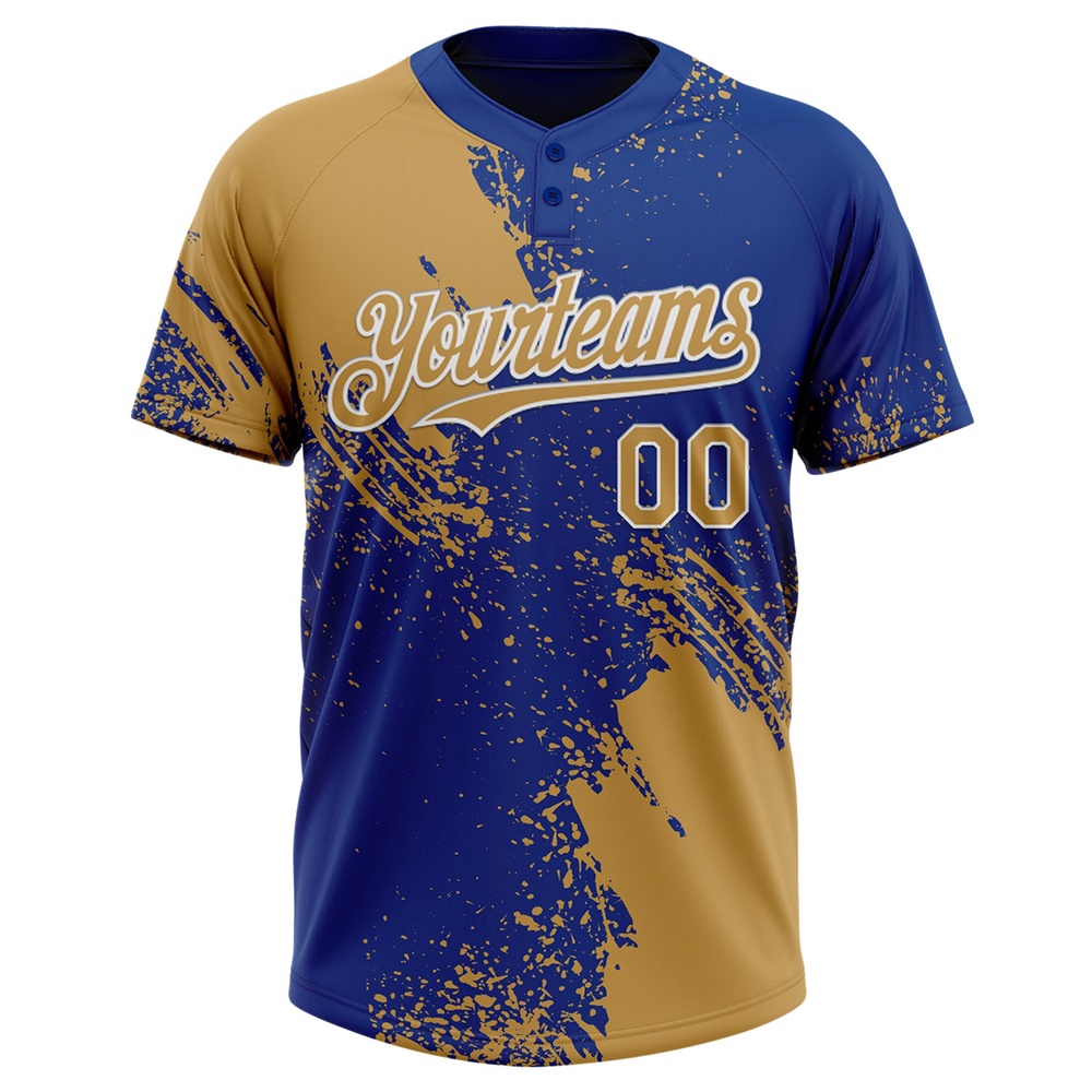 Old Gold Royal White 3D Pattern Abstract Brush Stroke Two Button Unisex Softball Jersey, Custom Team Softball Jersey Old Gold Royal White 3D Pattern Abstract Brush Stroke Two Button Unisex Softball Jersey, Custom Team Softball Jersey