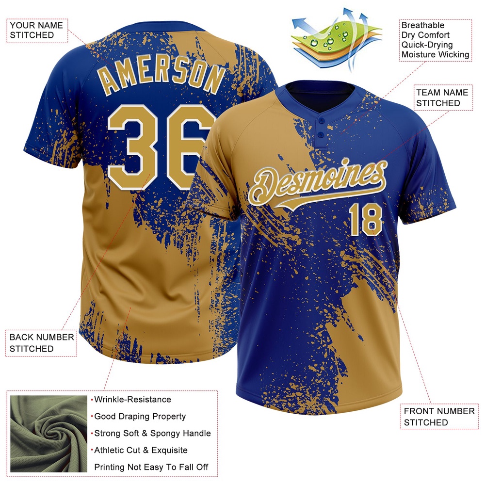 Old Gold Royal White 3D Pattern Abstract Brush Stroke Two Button Unisex Softball Jersey, Custom Team Softball Jersey Old Gold Royal White 3D Pattern Abstract Brush Stroke Two Button Unisex Softball Jersey, Custom Team Softball Jersey