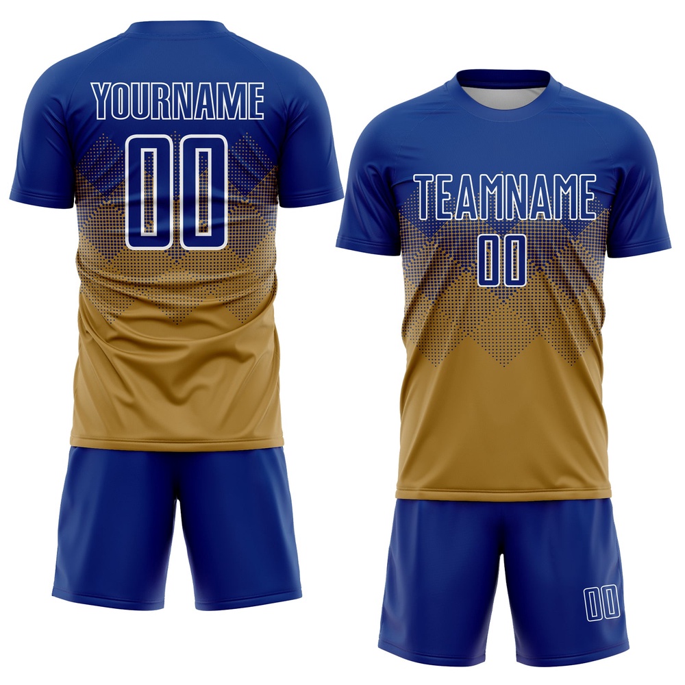 Old Gold Royal White Sublimation Soccer Uniform Jersey, Custom Team Soccer Jersey Shirt Old Gold Royal White Sublimation Soccer Uniform Jersey, Custom Team Soccer Jersey Shirt