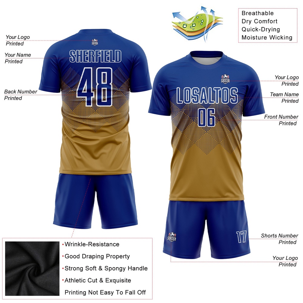 Old Gold Royal White Sublimation Soccer Uniform Jersey, Custom Team Soccer Jersey Shirt Old Gold Royal White Sublimation Soccer Uniform Jersey, Custom Team Soccer Jersey Shirt