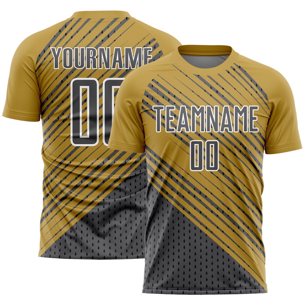 Old Gold Steel Gray White Diagonal Lines Sublimation Soccer Uniform Jersey, Custom Team Soccer Jersey Shirt