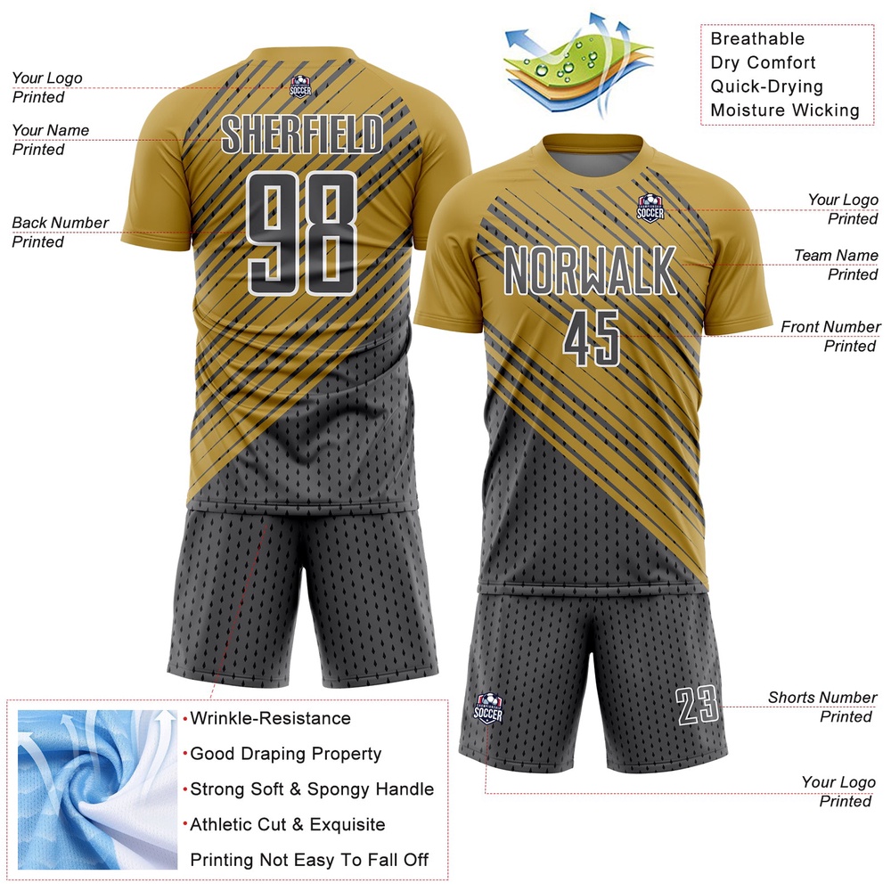 Old Gold Steel Gray White Diagonal Lines Sublimation Soccer Uniform Jersey, Custom Team Soccer Jersey Shirt