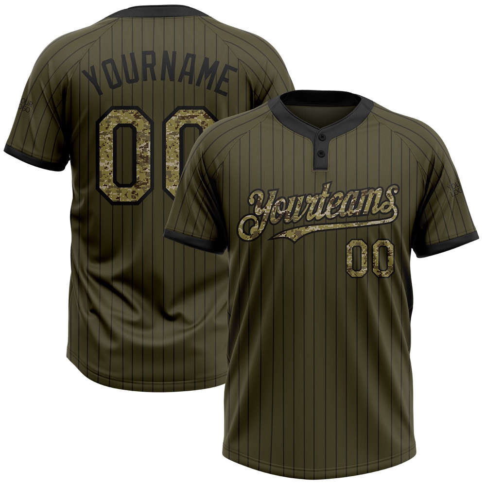 Olive Black Pinstripe Camo Salute To Service Two Button Unisex Softball Jersey, Custom Team Softball Jersey Olive Black Pinstripe Camo Salute To Service Two Button Unisex Softball Jersey, Custom Team Softball Jersey