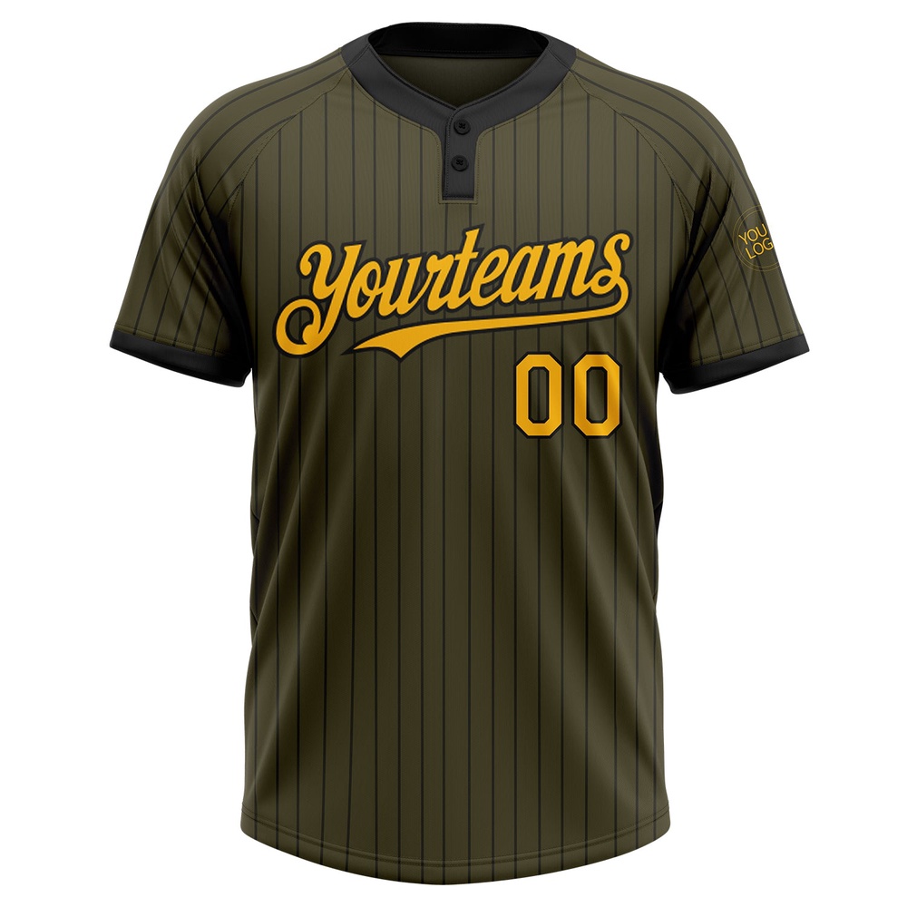 Olive Black Pinstripe Gold Salute To Service Two Button Unisex Softball Jersey, Custom Team Softball Jersey