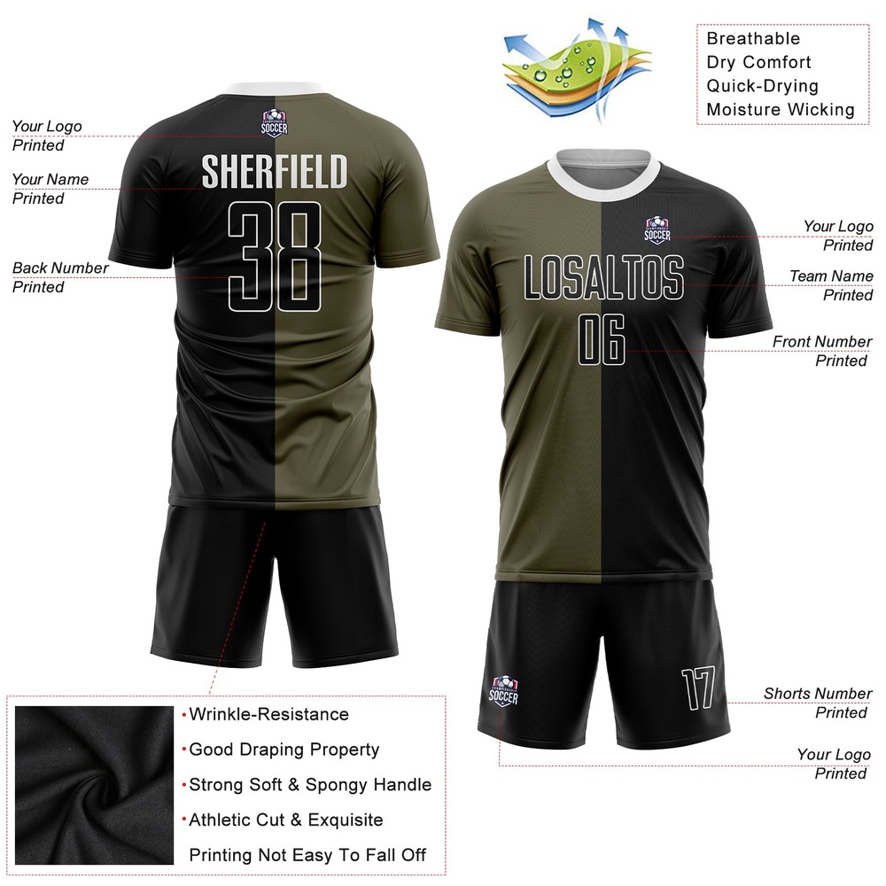 Olive Black White Sublimation Split Fashion Salute To Service Soccer Uniform Jersey, Custom Team Soccer Jersey Shirt
