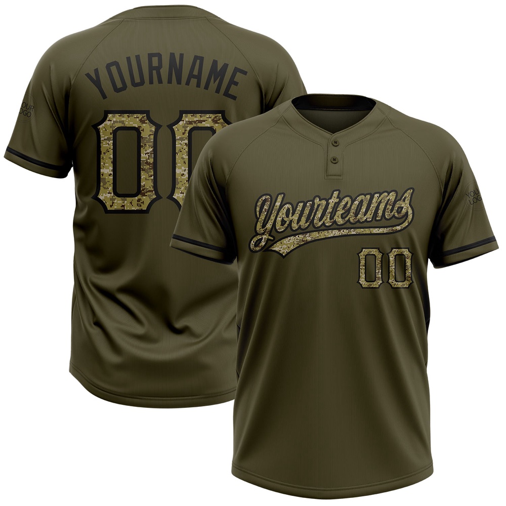 Olive Camo Black Salute To Service Two Button Unisex Softball Jersey, Custom Team Softball Jersey
