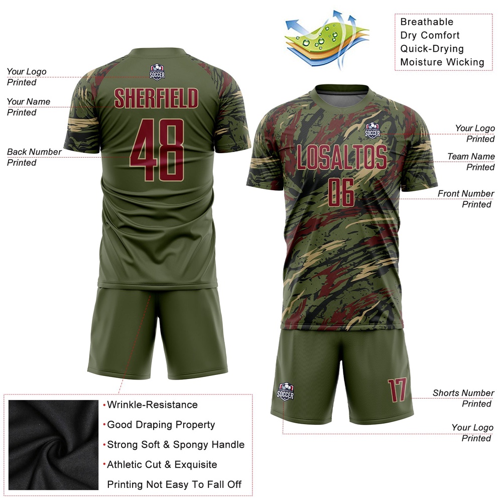 Olive Crimson Vegas Gold Sublimation Salute To Service Soccer Uniform Jersey, Custom Team Soccer Jersey Shirt Olive Crimson Vegas Gold Sublimation Salute To Service Soccer Uniform Jersey, Custom Team Soccer Jersey Shirt