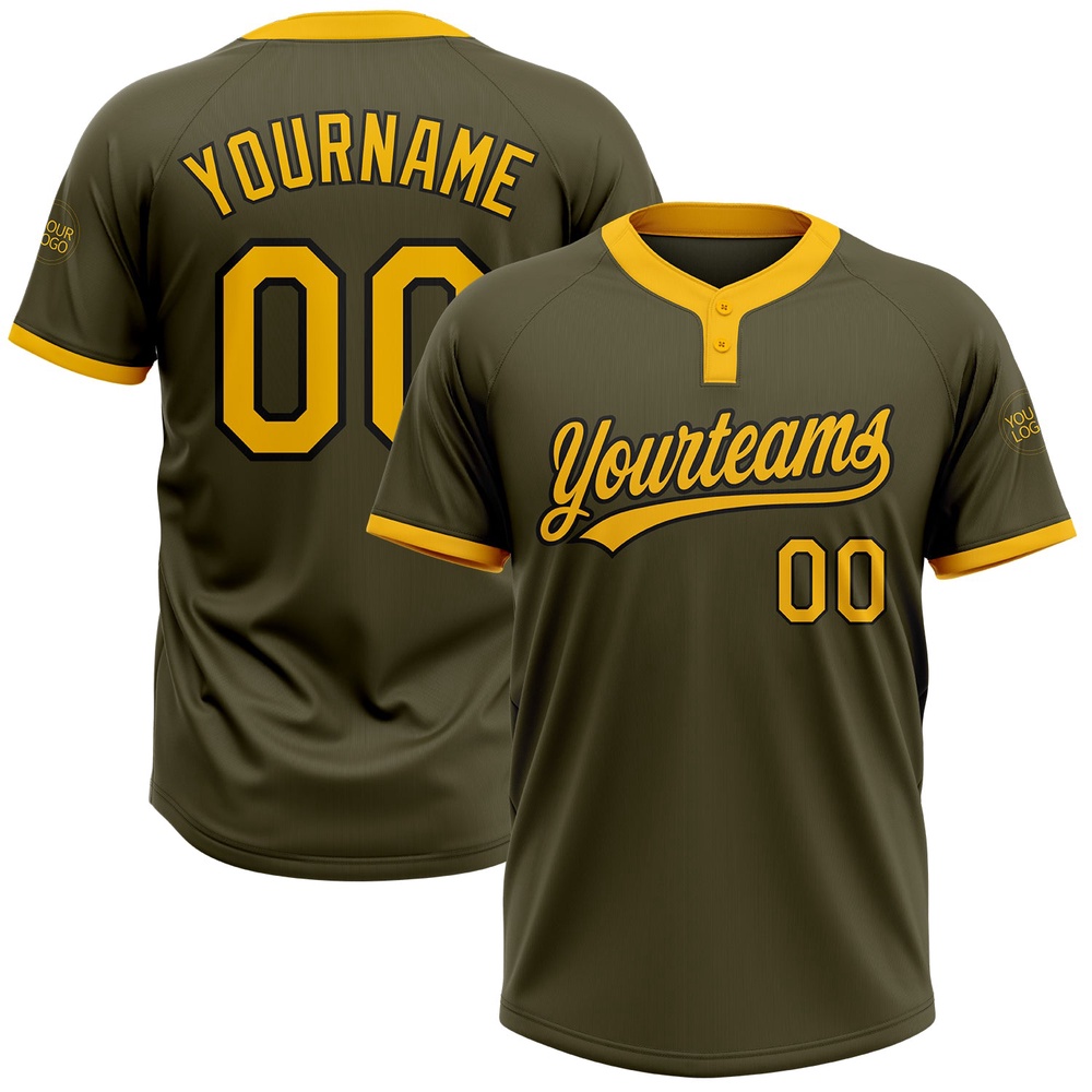 Olive Gold Black Salute To Service Two Button Unisex Softball Jersey, Custom Team Softball Jersey