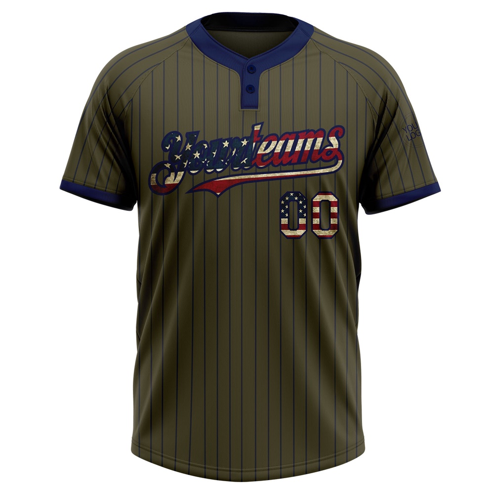 Olive Navy Pinstripe Vintage USA Flag Salute To Service Two Button Unisex Softball Jersey, Custom Team Softball Jersey