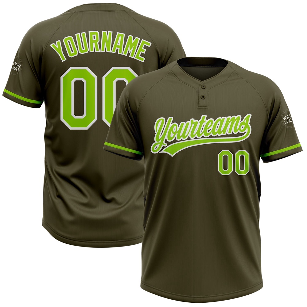 Olive Neon Green White Salute To Service Two Button Unisex Softball Jersey, Custom Team Softball Jersey