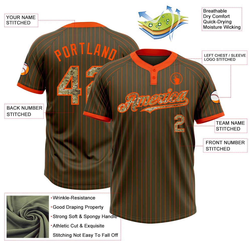 Olive Orange Pinstripe Camo Salute To Service Two Button Unisex Softball Jersey, Custom Team Softball Jersey