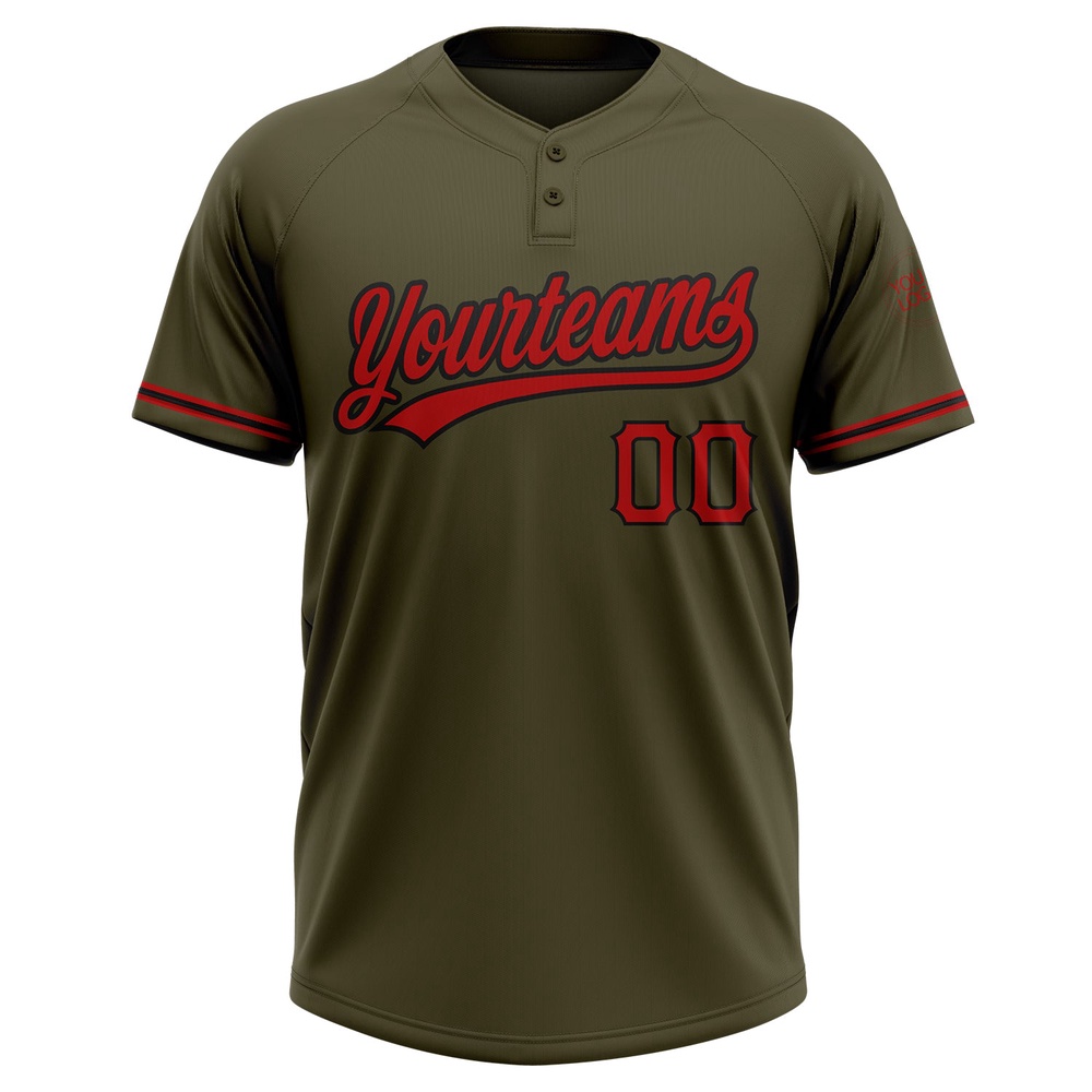 Olive Red Black Salute To Service Two Button Unisex Softball Jersey, Custom Team Softball Jersey