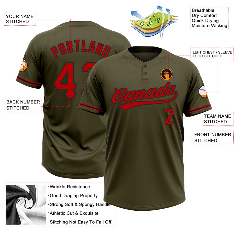Olive Red Black Salute To Service Two Button Unisex Softball Jersey, Custom Team Softball Jersey