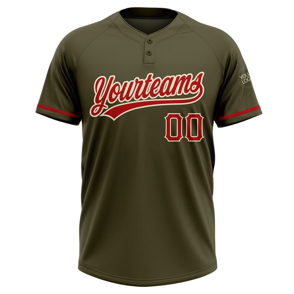 Olive Red Cream Salute To Service Two Button Unisex Softball Jersey, Custom Team Softball Jersey