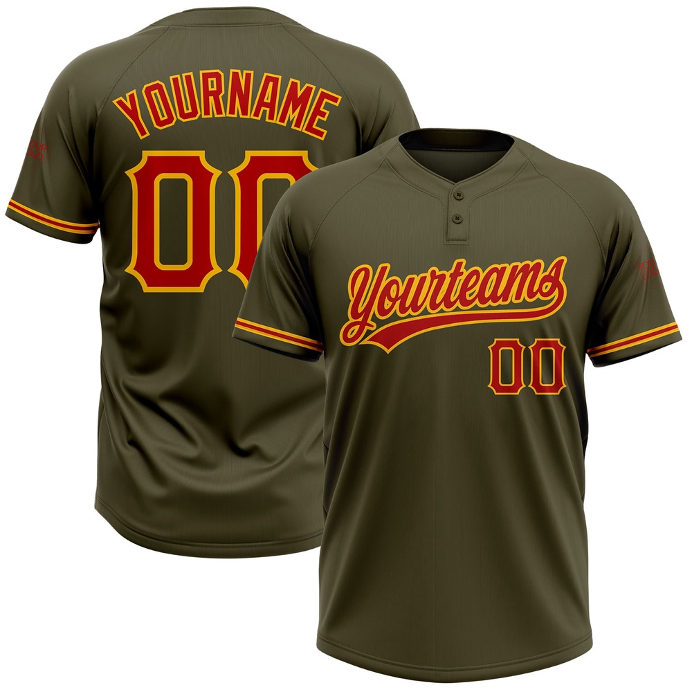 Olive Red Gold Salute To Service Two Button Unisex Softball Jersey, Custom Team Softball Jersey