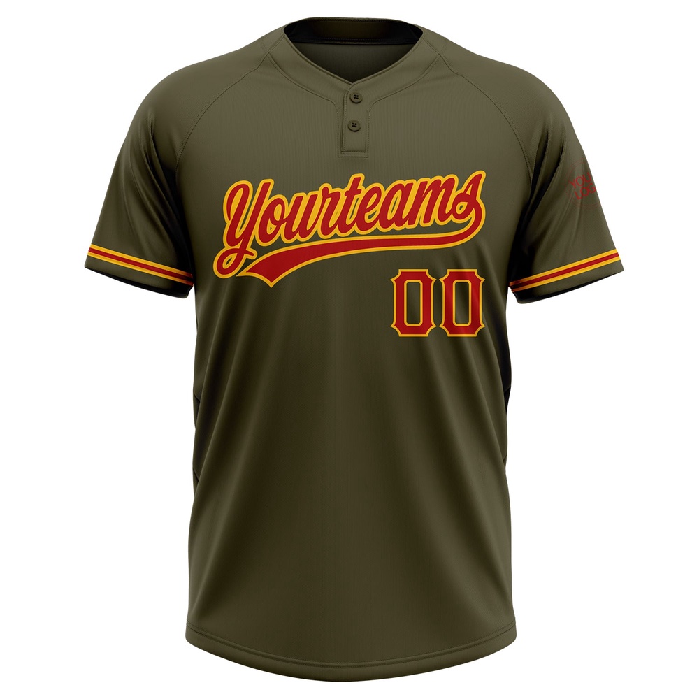Olive Red Gold Salute To Service Two Button Unisex Softball Jersey, Custom Team Softball Jersey