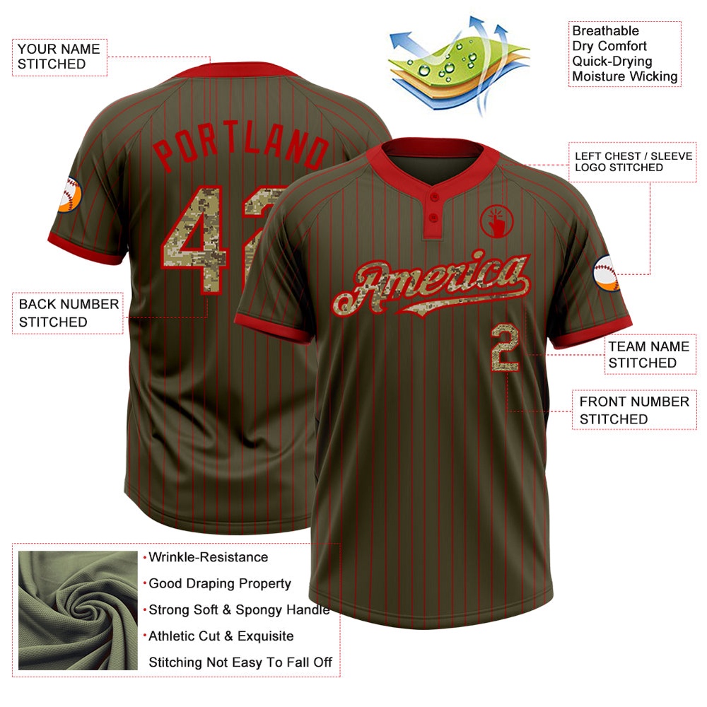 Olive Red Pinstripe Camo Salute To Service Two Button Unisex Softball Jersey, Custom Team Softball Jersey