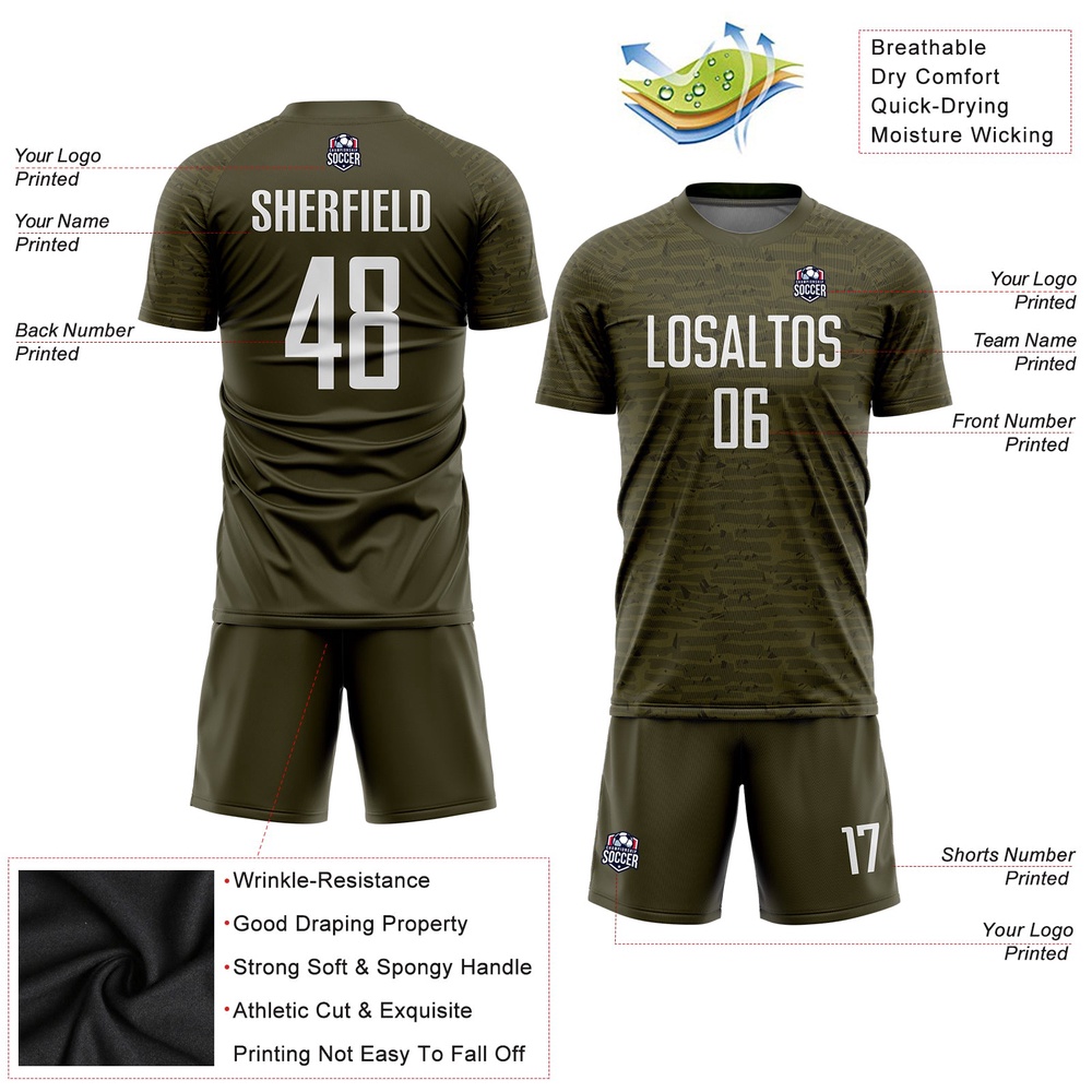 Olive White Sublimation Salute To Service Soccer Uniform Jersey, Custom Team Soccer Jersey Shirt Olive White Sublimation Salute To Service Soccer Uniform Jersey, Custom Team Soccer Jersey Shirt