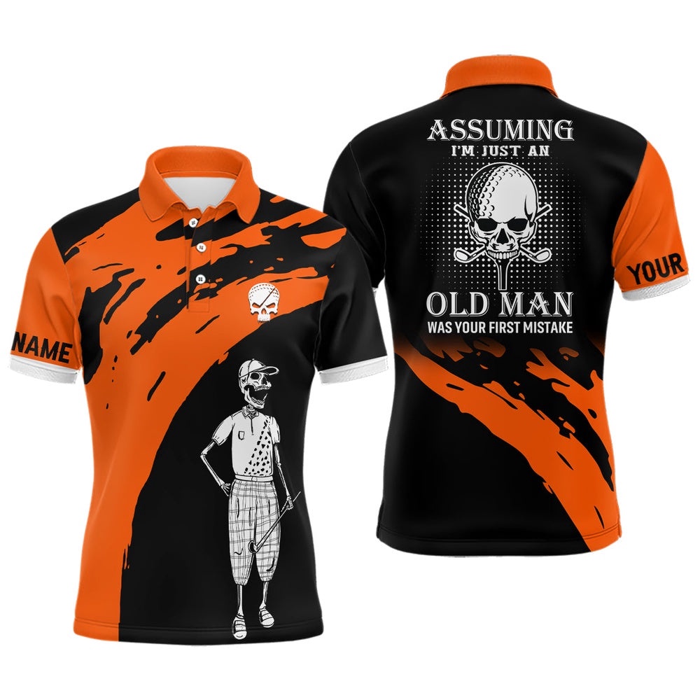 Orange And Black Men’s Skull Custom Golf Polos For Men, Halloween Golf Gifts, Golf Polo Shirt, Golf Shirts
