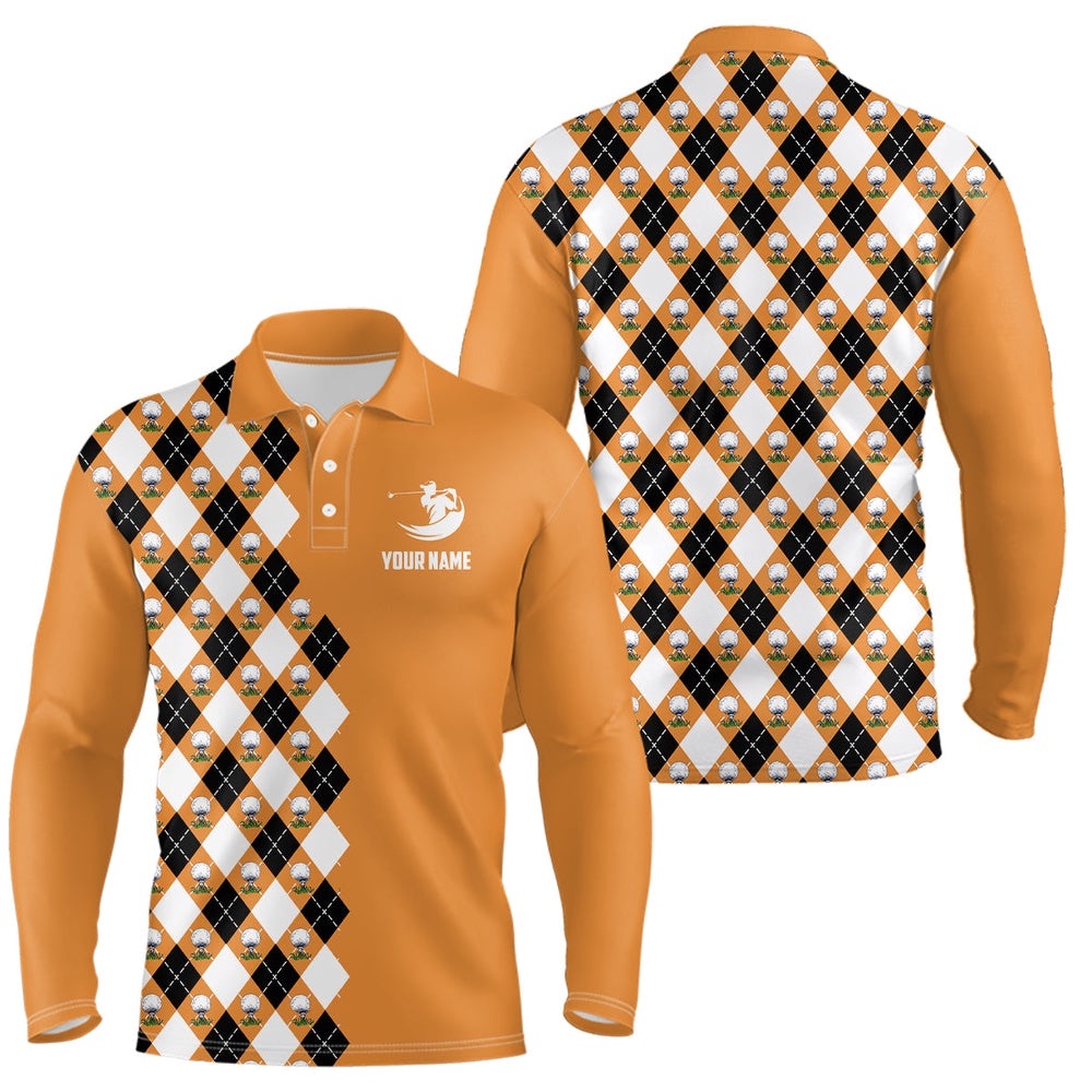 Orange Argyle Pattern Men’s Golf Polo Shirts Personalized Cool Golf Shirts For Men Golf Gifts, Golf Polo Shirt, Golf Shirts