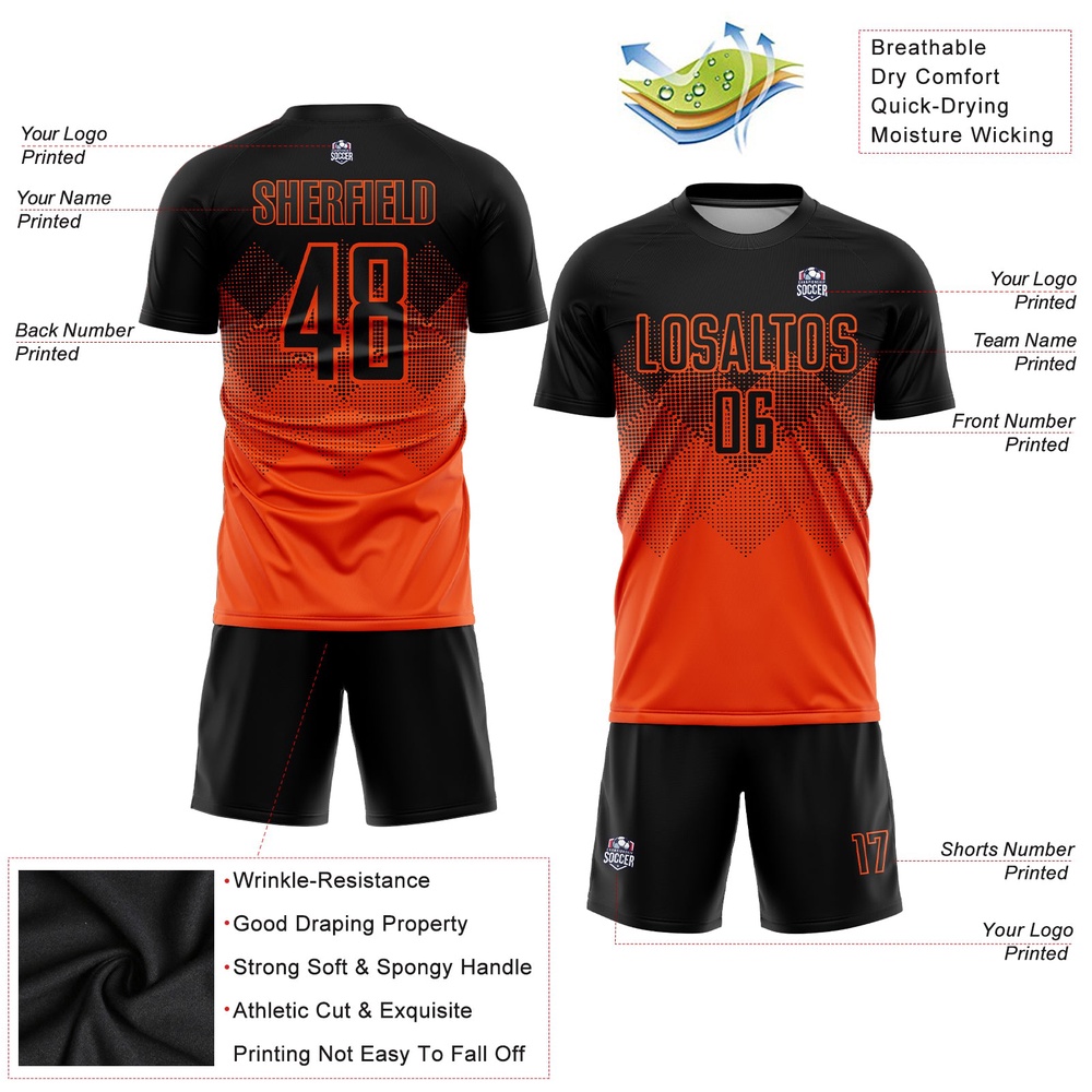Orange Black Sublimation Soccer Uniform Jersey, Custom Team Soccer Jersey Shirt Orange Black Sublimation Soccer Uniform Jersey, Custom Team Soccer Jersey Shirt
