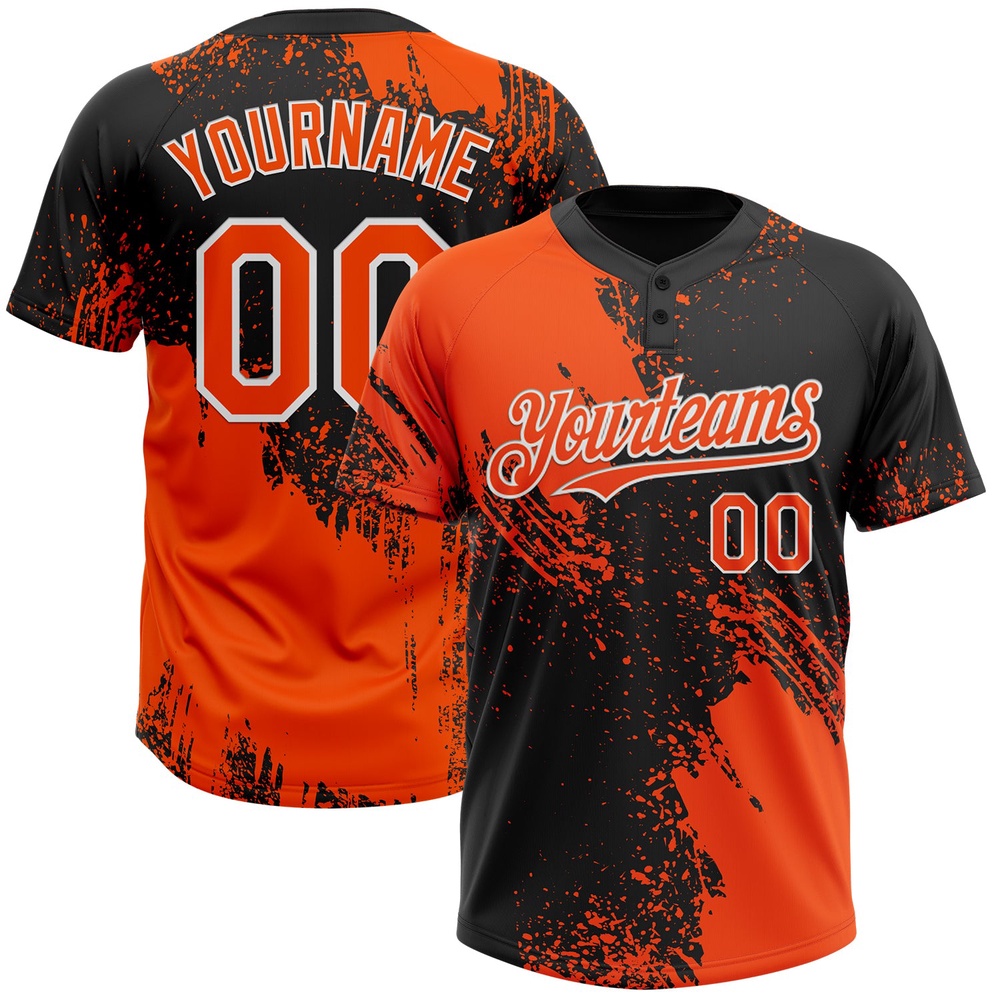 Orange Black White 3D Pattern Abstract Brush Stroke Two Button Unisex Softball Jersey, Custom Team Softball Jersey
