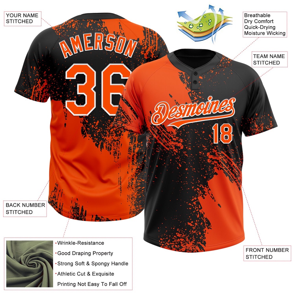 Orange Black White 3D Pattern Abstract Brush Stroke Two Button Unisex Softball Jersey, Custom Team Softball Jersey