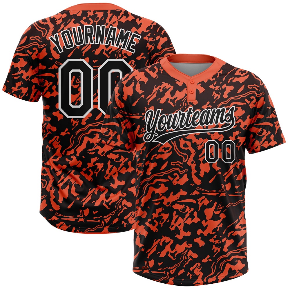 Orange Black White 3D Pattern Two Button Unisex Softball Jersey, Custom Team Softball Jersey