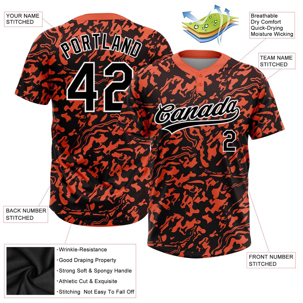Orange Black White 3D Pattern Two Button Unisex Softball Jersey, Custom Team Softball Jersey