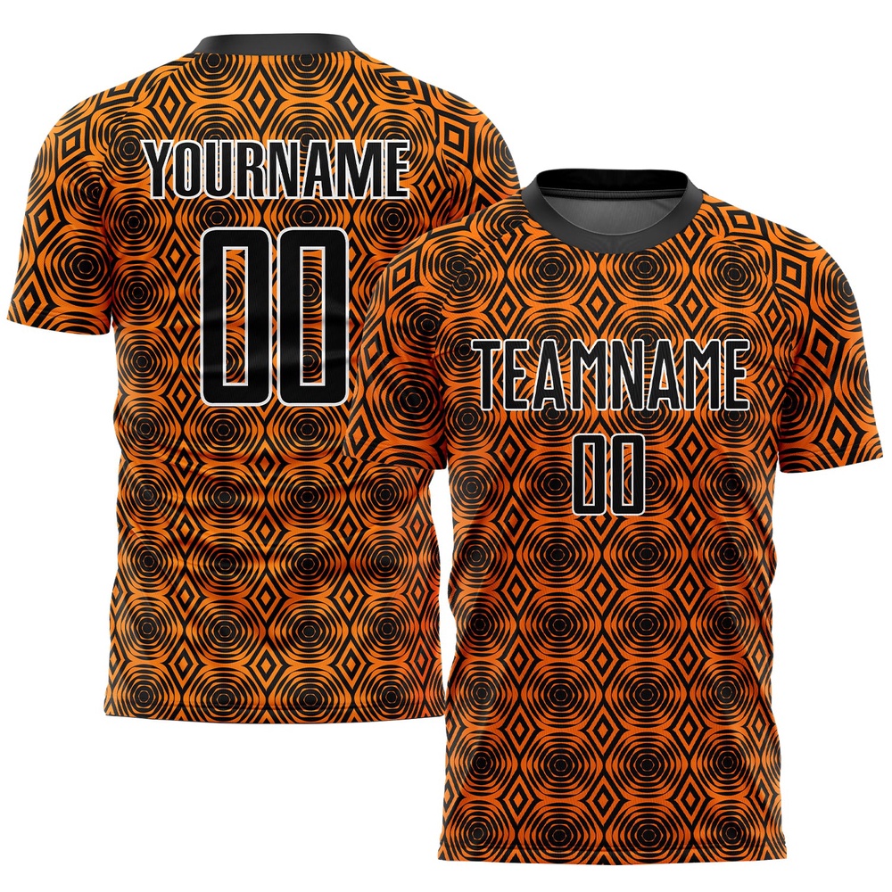 Orange Black White Geometric Shapes Sublimation Soccer Uniform Jersey, Custom Team Soccer Jersey Shirt Orange Black White Geometric Shapes Sublimation Soccer Uniform Jersey, Custom Team Soccer Jersey Shirt