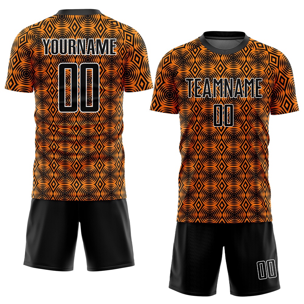 Orange Black White Geometric Shapes Sublimation Soccer Uniform Jersey, Custom Team Soccer Jersey Shirt Orange Black White Geometric Shapes Sublimation Soccer Uniform Jersey, Custom Team Soccer Jersey Shirt