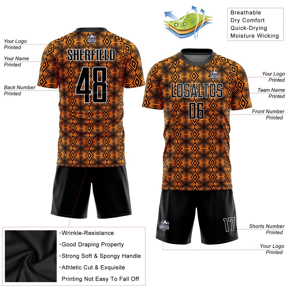 Orange Black White Geometric Shapes Sublimation Soccer Uniform Jersey, Custom Team Soccer Jersey Shirt Orange Black White Geometric Shapes Sublimation Soccer Uniform Jersey, Custom Team Soccer Jersey Shirt