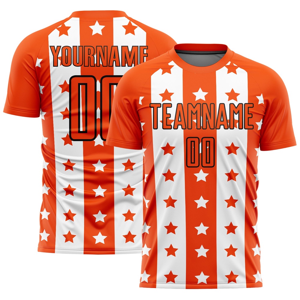 Orange Black White Stars And Stripes Sublimation Soccer Uniform Jersey, Custom Team Soccer Jersey Shirt Orange Black White Stars And Stripes Sublimation Soccer Uniform Jersey, Custom Team Soccer Jersey Shirt