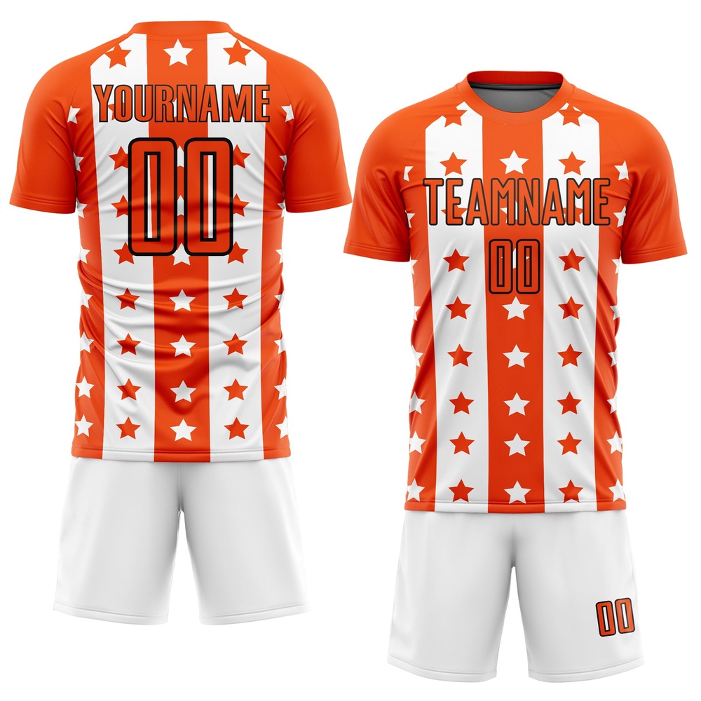 Orange Black White Stars And Stripes Sublimation Soccer Uniform Jersey, Custom Team Soccer Jersey Shirt Orange Black White Stars And Stripes Sublimation Soccer Uniform Jersey, Custom Team Soccer Jersey Shirt