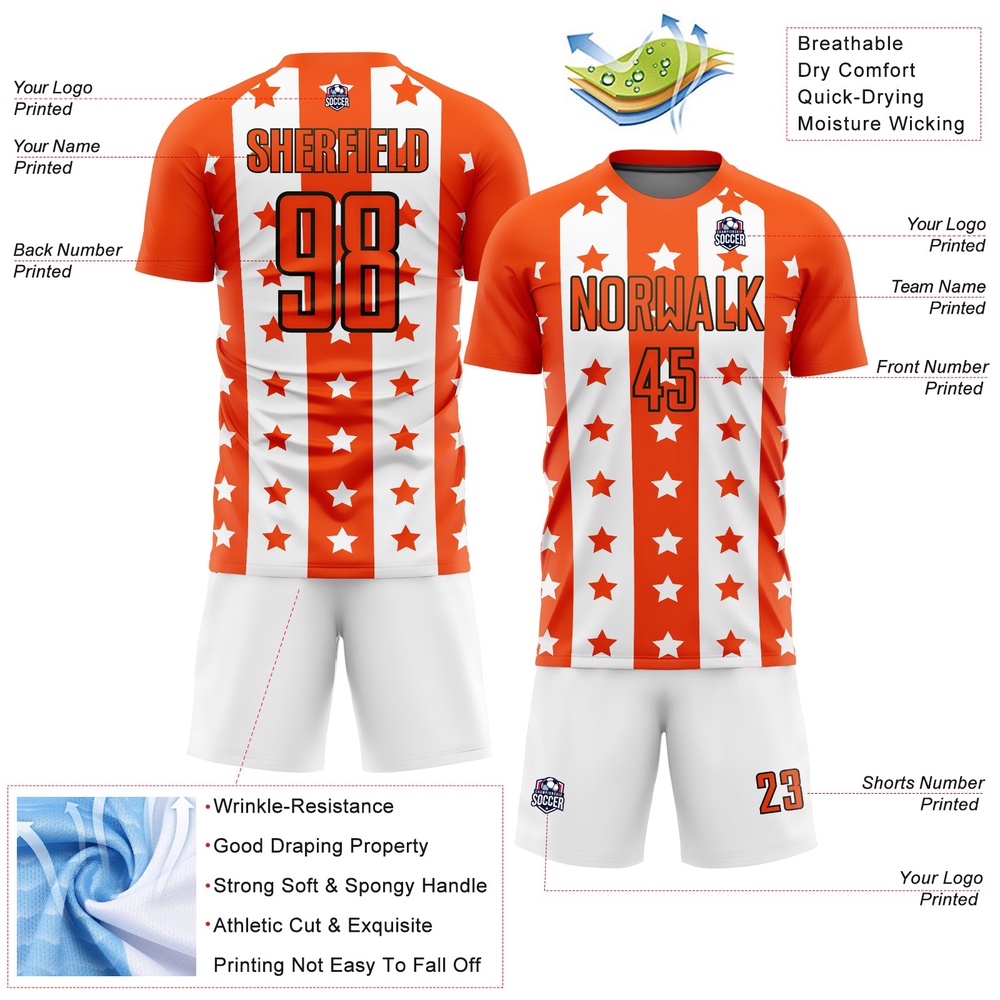 Orange Black White Stars And Stripes Sublimation Soccer Uniform Jersey, Custom Team Soccer Jersey Shirt Orange Black White Stars And Stripes Sublimation Soccer Uniform Jersey, Custom Team Soccer Jersey Shirt