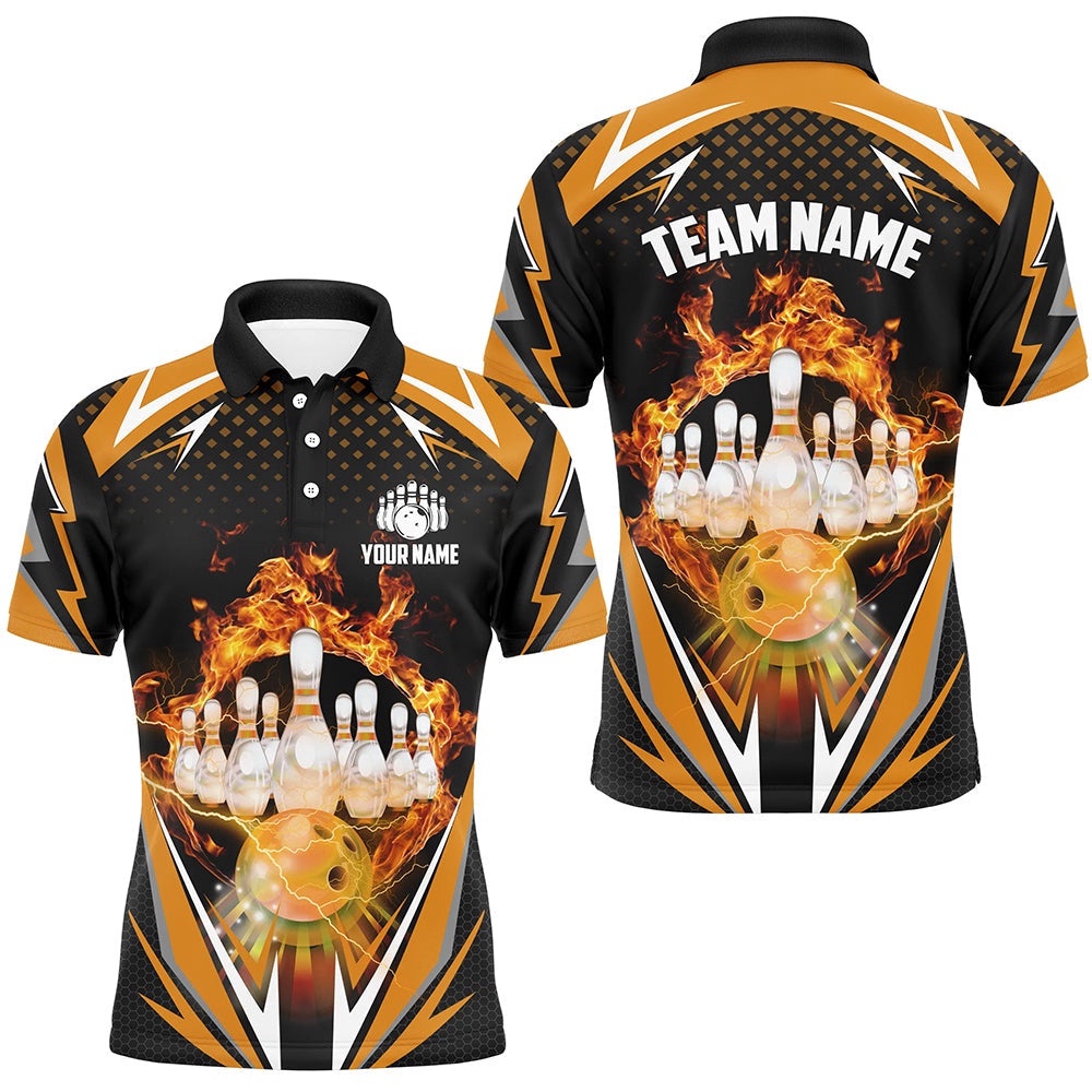 Orange Bowling Shirt Camo Bowling Shirt Customized Flame Bowling Polo Shirt Unisex Polo Shirt For Men, Personalized Bowling Team Shirt