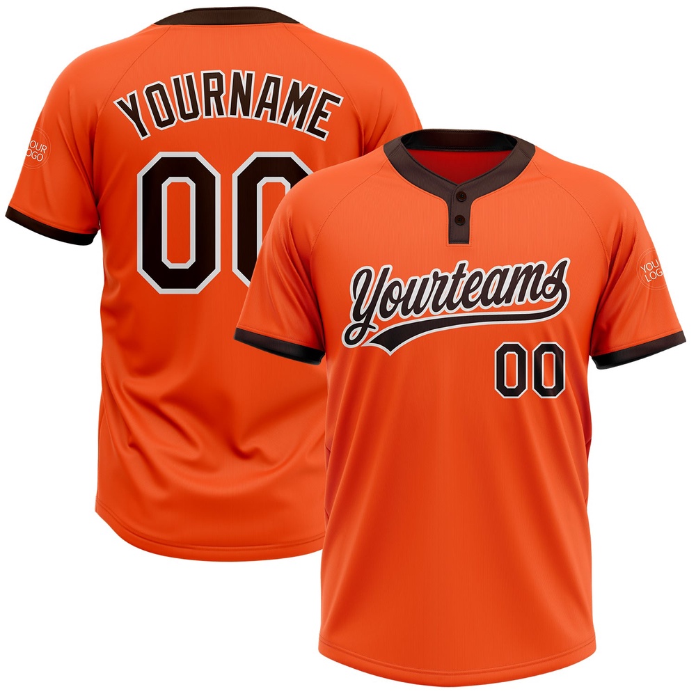 Orange Brown White Two Button Unisex Softball Jersey, Custom Team Softball Jersey