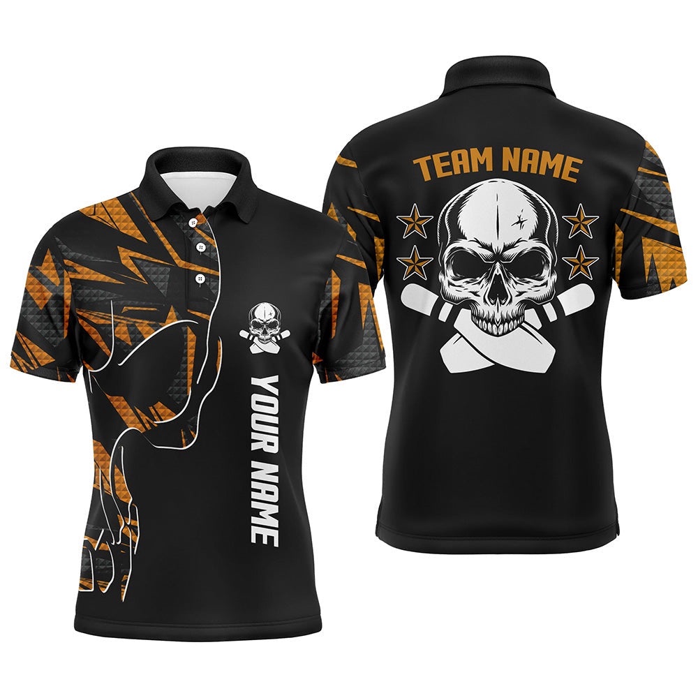 Orange Camo Black Bowling Polo Shirts For Men Custom Team Name Skull Bowling, Team Bowling Shirts, Personalized Bowling Team Shirt