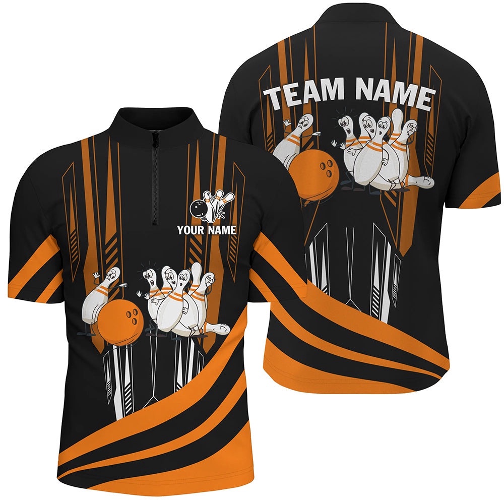 Orange Camo Bowling Shirt Funny Bowling Team Jersey For Men Zip Bowling Shirt, Custom Bowling Team Jersey Shirt