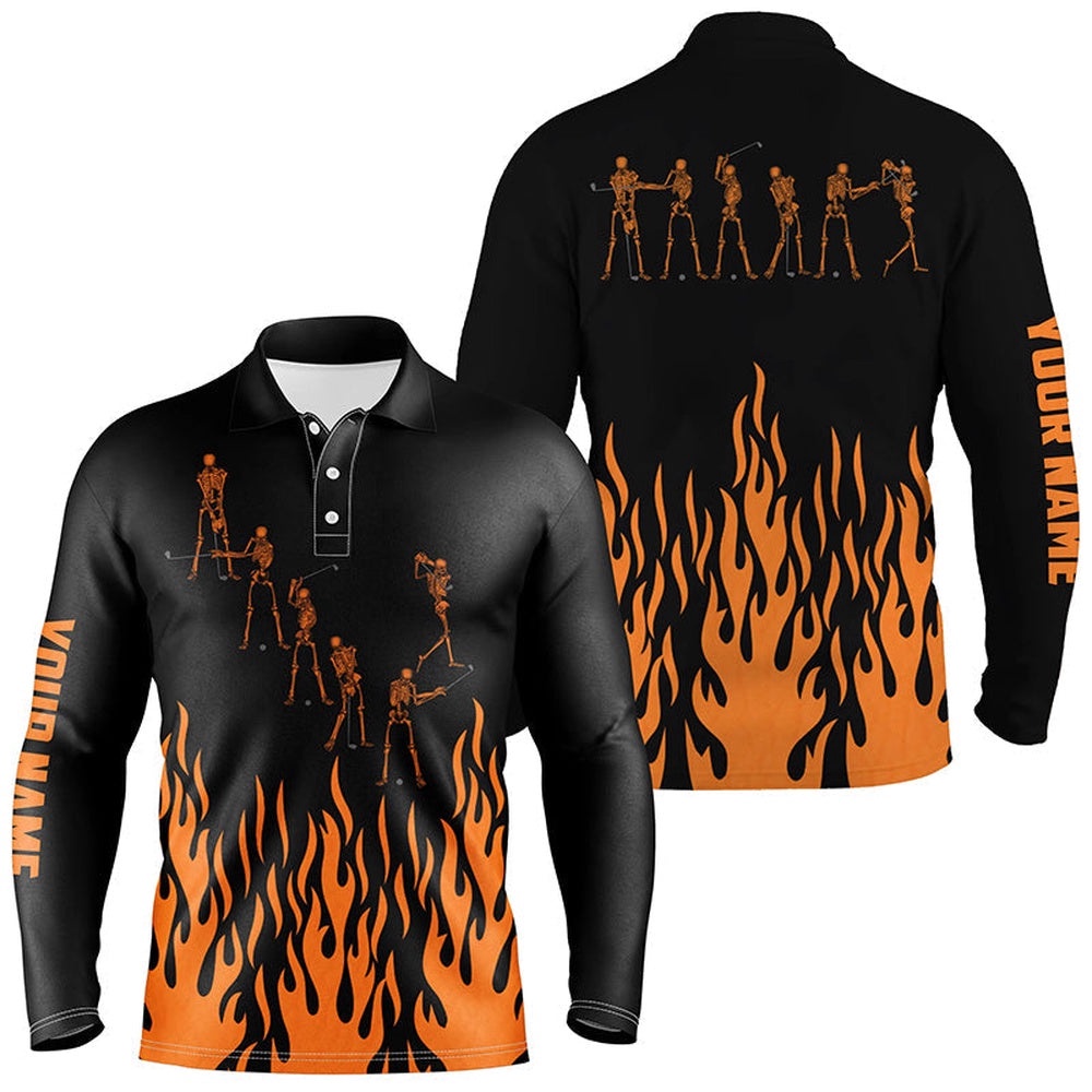 Orange Flame Golf Skeleton Custom Black Men’s Halloween Black Men’s Golf Shirt, Golf Polo Shirt, Golf Shirts