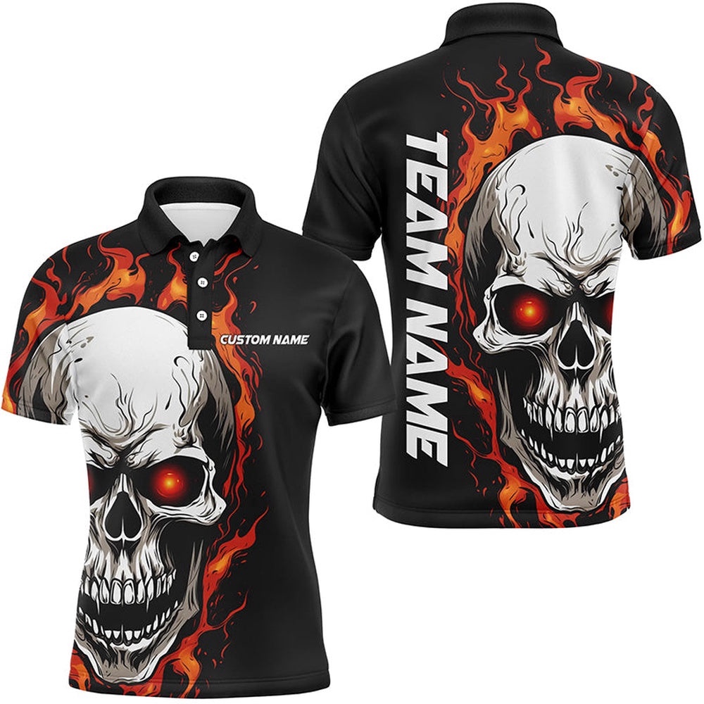 Orange Flame Skull Sport Polo Shirt, Custom Team Bowling Polo Shirts For Men, Bowler Outfits, Personalized Bowling Team Shirt
