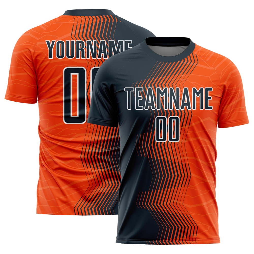 Orange Navy White Gradient Arrow Sublimation Soccer Uniform Jersey, Custom Team Soccer Jersey Shirt