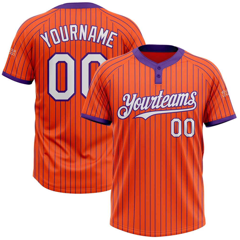 Orange Purple Pinstripe White Two Button Unisex Softball Jersey, Custom Team Softball Jersey