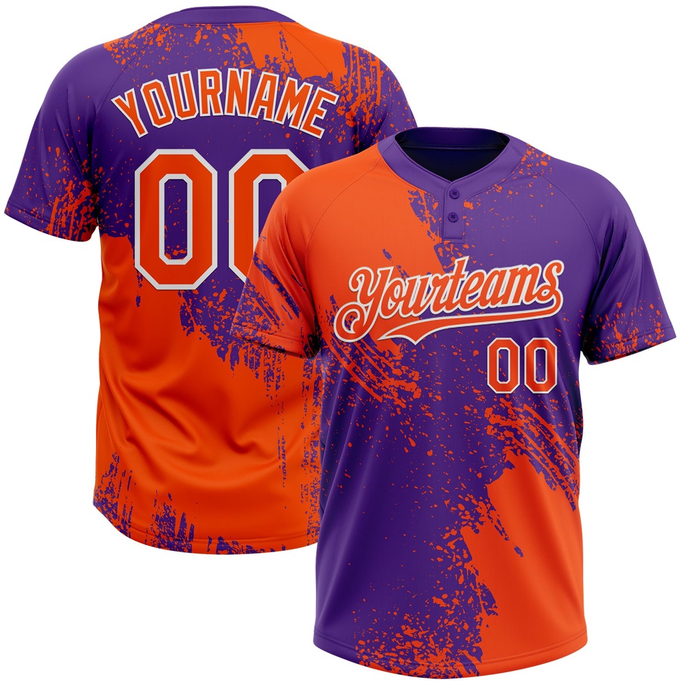 Orange Purple White 3D Pattern Abstract Brush Stroke Two Button Unisex Softball Jersey, Custom Team Softball Jersey