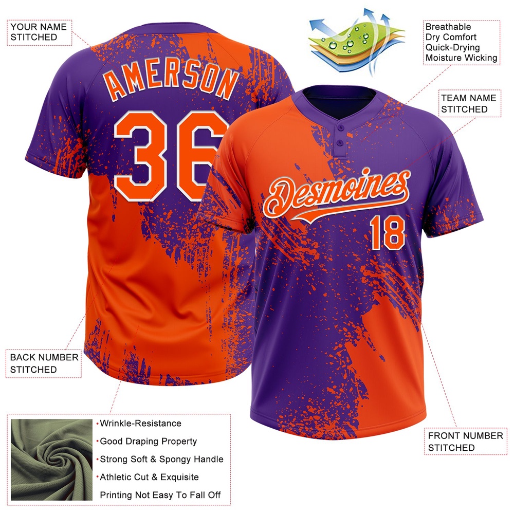 Orange Purple White 3D Pattern Abstract Brush Stroke Two Button Unisex Softball Jersey, Custom Team Softball Jersey