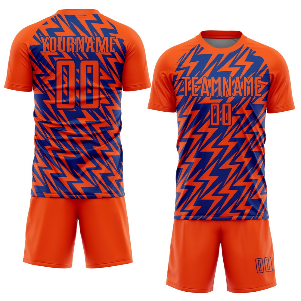 Orange Royal Lightning Sublimation Soccer Uniform Jersey, Custom Team Soccer Jersey Shirt Orange Royal Lightning Sublimation Soccer Uniform Jersey, Custom Team Soccer Jersey Shirt