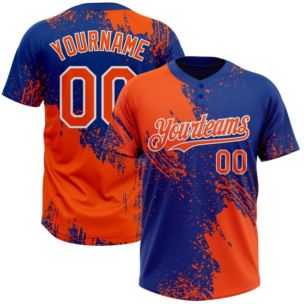 Orange Royal White 3D Pattern Abstract Brush Stroke Two Button Unisex Softball Jersey, Custom Team Softball Jersey